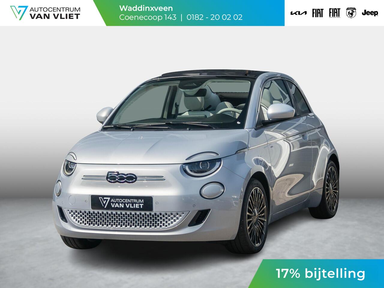 Fiat E-500 Cabrio La Prima 42 kWh | 17% Bijtelling | Clima | Cruise | Leder | 17" | Priv Glass | Winter Pack | JBL Sound | BSM | Apple Carplay