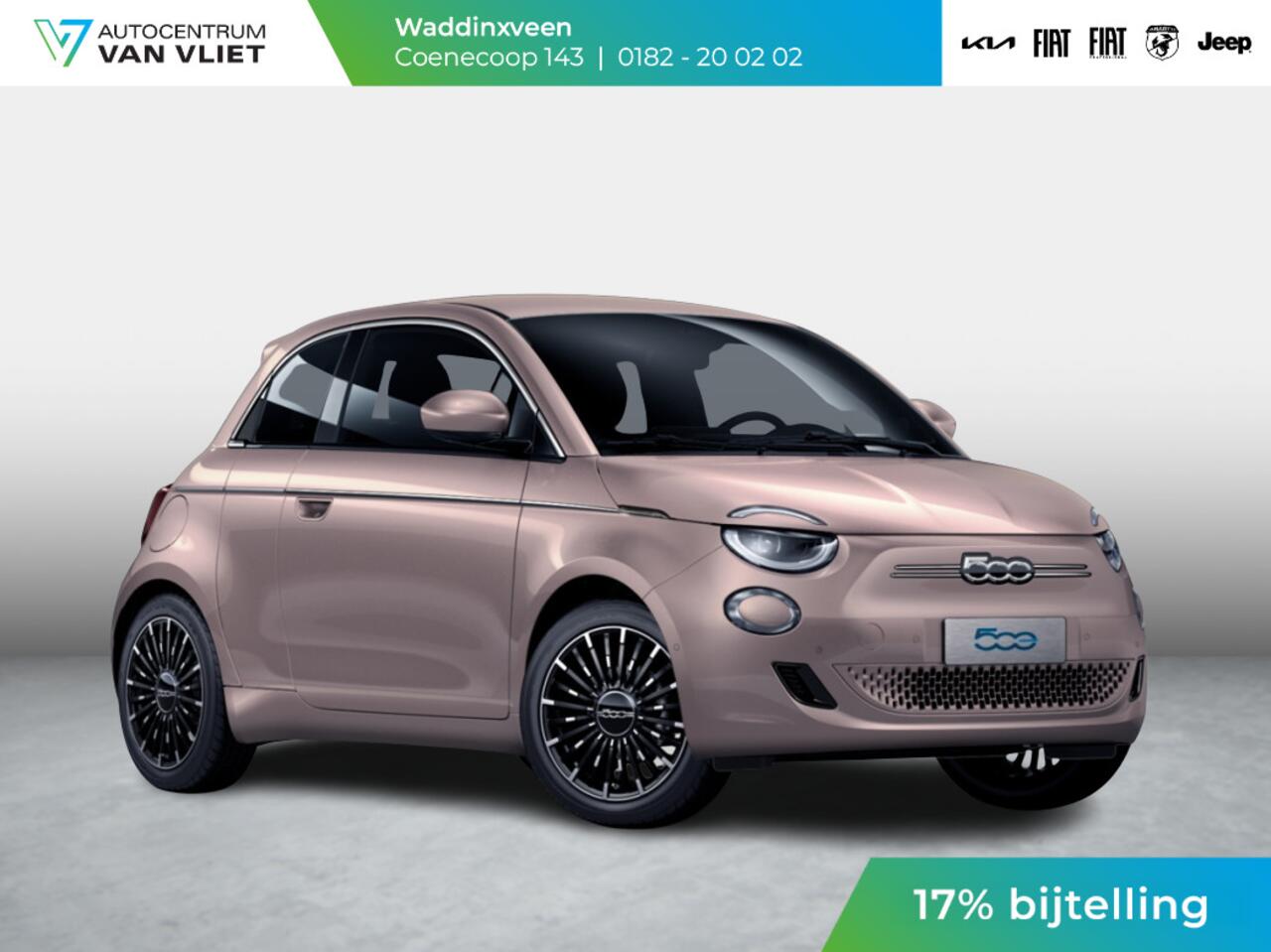 Fiat E-500 3+1 La Prima 42 kWh | 17% Bijtelling | Clima | Cruise | Leder | 17" | Priv Glass | Winter Pack | JBL Sound | BSM | Apple Carplay