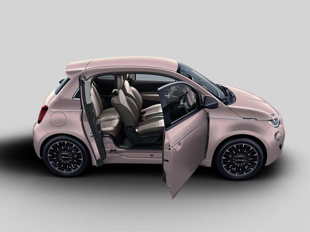 Fiat E-500 3+1 La Prima 42 kWh | 17% Bijtelling | Clima | Cruise | Leder | 17" | Priv Glass | Winter Pack | JBL Sound | BSM | Apple Carplay