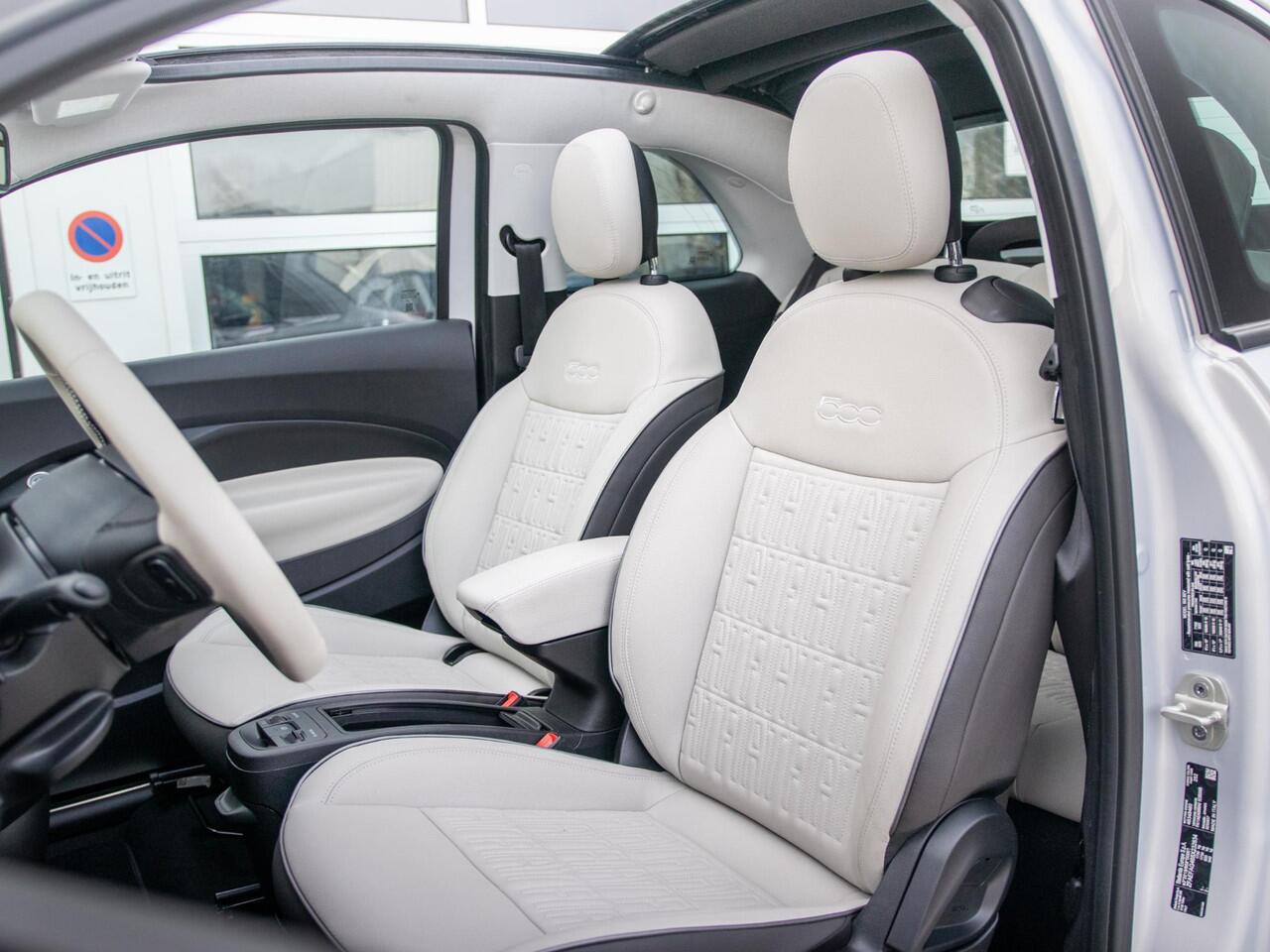 Fiat E-500 Cabrio La Prima 42 kWh | 17% Bijtelling | Clima | Cruise | Leder | 17" | Priv Glass | Winter Pack | JBL Sound | BSM | Apple Carplay