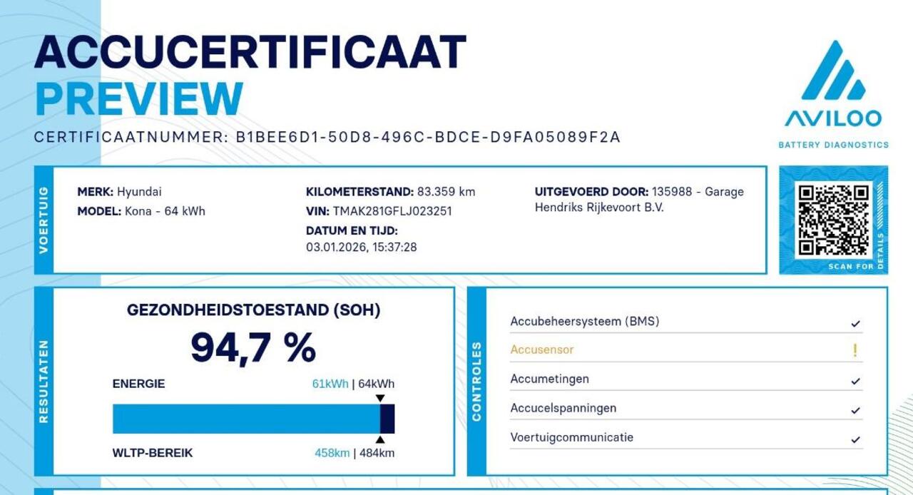 Hyundai Kona EV Comfort 64 kWh | SOH: 94,7 % | 3 Fase | Warmtepomp | Navi | Adaptive CC | Climate |