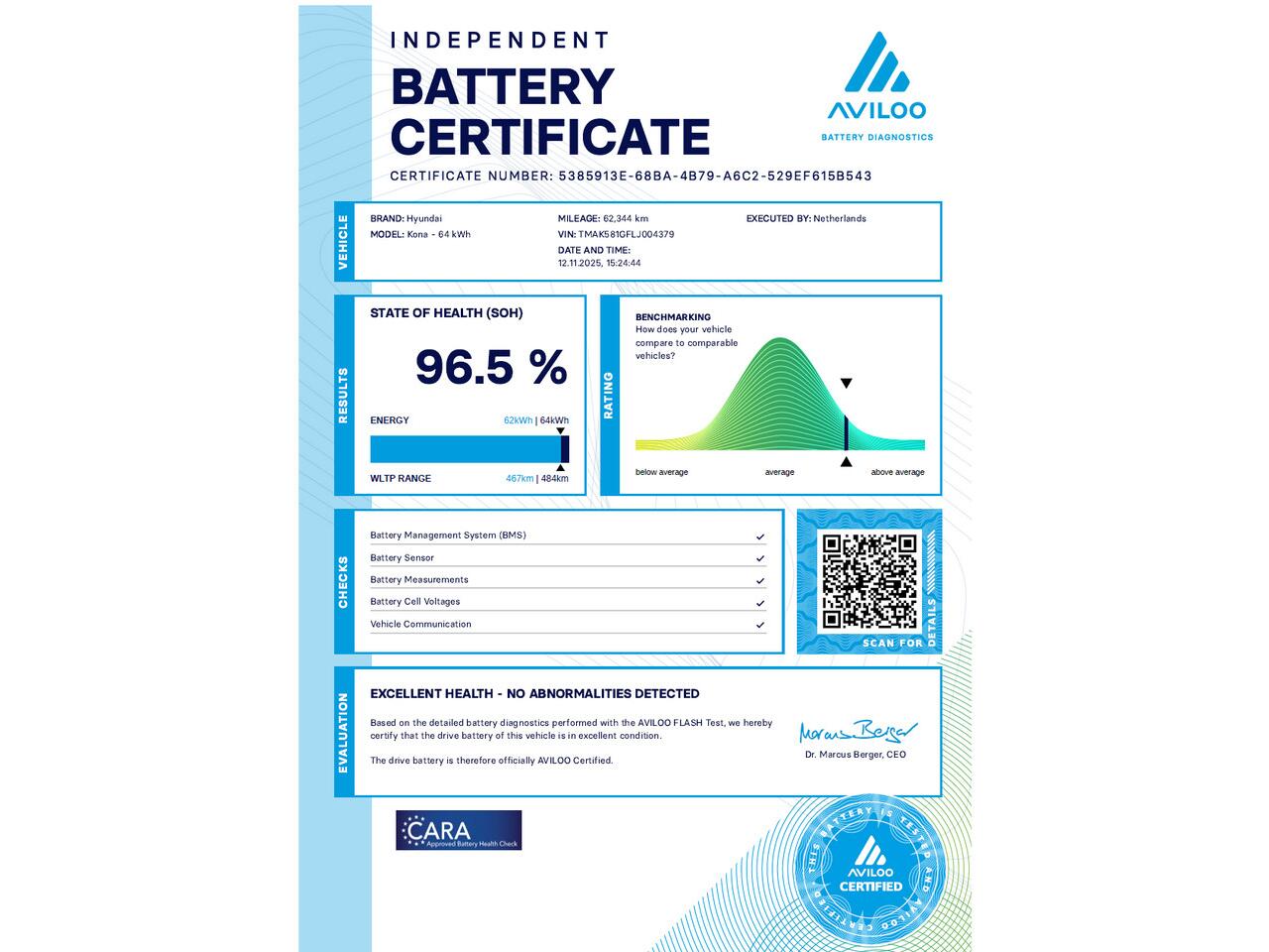 Hyundai Kona EV Comfort 39 kWh AVILOO Accutest, SOH 98%