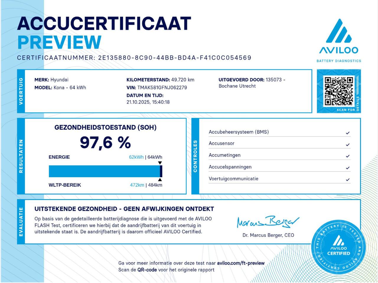 Hyundai Kona EV Premium 64 kWh | soH 97,6% | elektrische stoelen | dodehoek detectie | adaptive cruise control