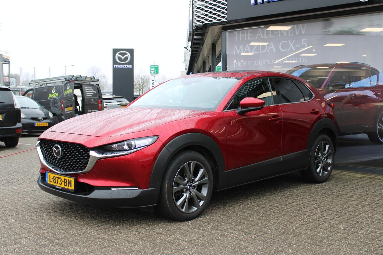 Mazda CX-30 2.0 e-SkyActiv-X186 M Hybrid Luxury Automaat, Trekhaak, i-Activesense Pack, schuif-/kanteldak, Leder, Adap.Cruise, Navi, Clima, Bose, 360 Camera, Stoel/Stuurverwarming, Apple Carplay, Android Auto, PDC, LKA, HUD