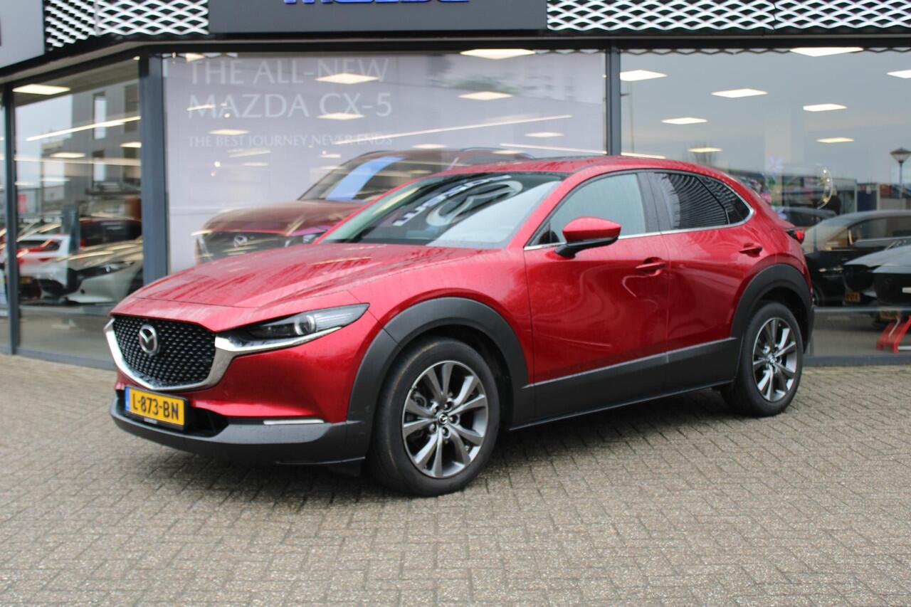 Mazda CX-30 2.0 e-SkyActiv-X186 M Hybrid Luxury Automaat, Trekhaak, i-Activesense Pack, schuif-/kanteldak, Leder, Adap.Cruise, Navi, Clima, Bose, 360 Camera, Stoel/Stuurverwarming, Apple Carplay, Android Auto, PDC, LKA, HUD
