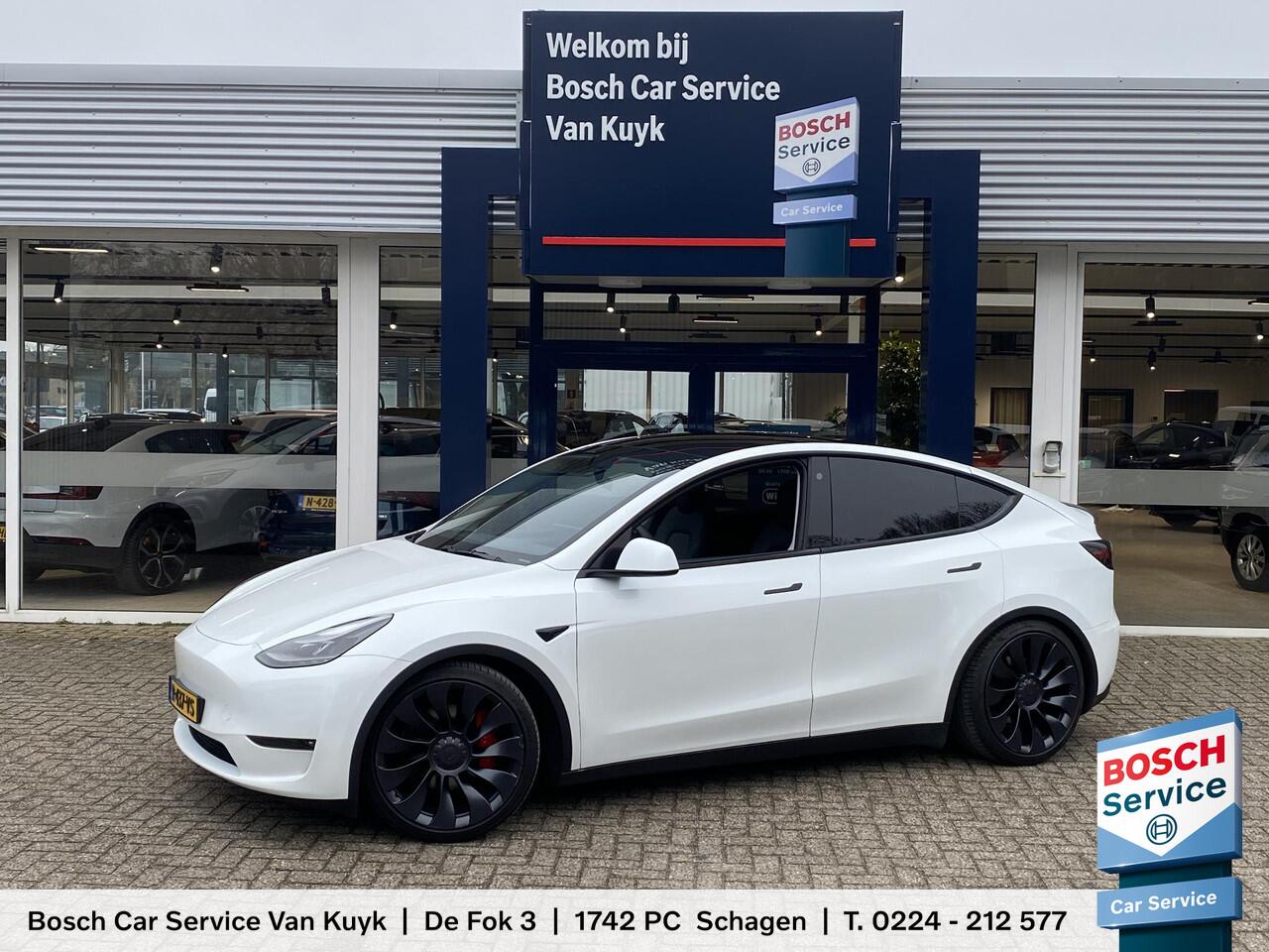 Tesla Model Y Performance AWD 75 kWh / Panodak / Stuurverwarming / Stoelverwarming V+A / Vol-Leder / Elektr.-Stoelen / Dodehoek-Detectie / Keyless / LED / Navi / 21'' LMV / ENZ.