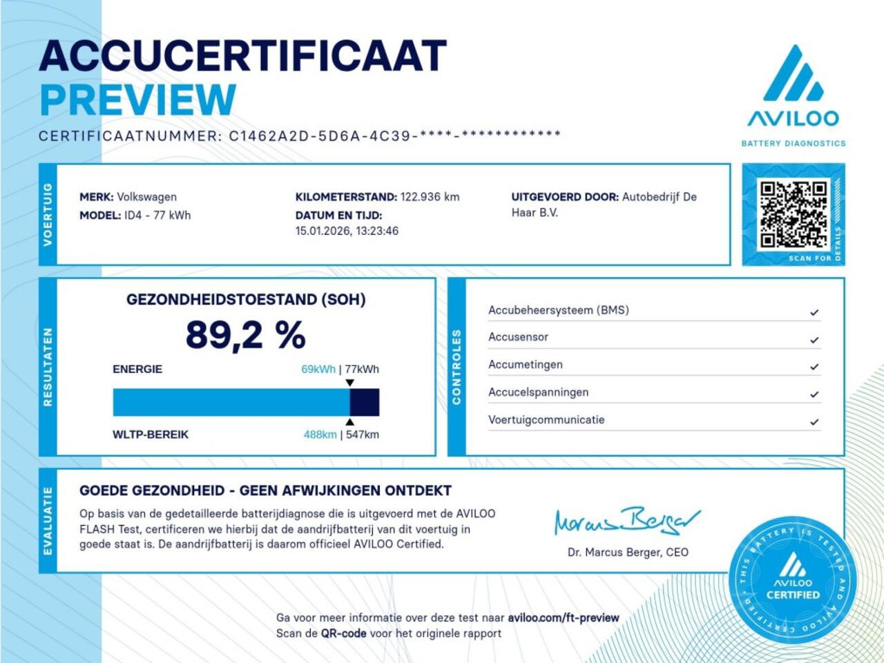 Volkswagen ID.4 First 77 kWh - SOH 89,2% - Navi - LED - Adaptive Cruise -