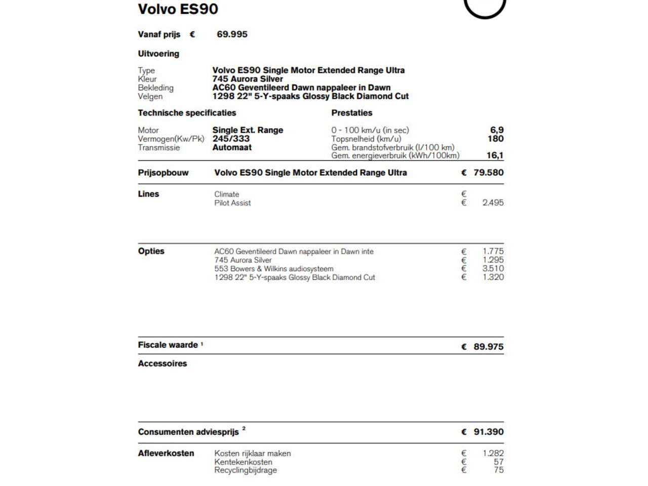 Volvo ES90 333PK Automaat Single Ext. Range Ultra